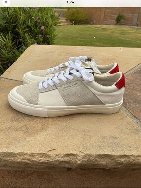 Mitchell & Ness Men’s Vintage Off White and Red Low-Top Sneakers